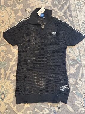 adidas Black Mesh Short Sleeve Polo with White Shoulder Trim